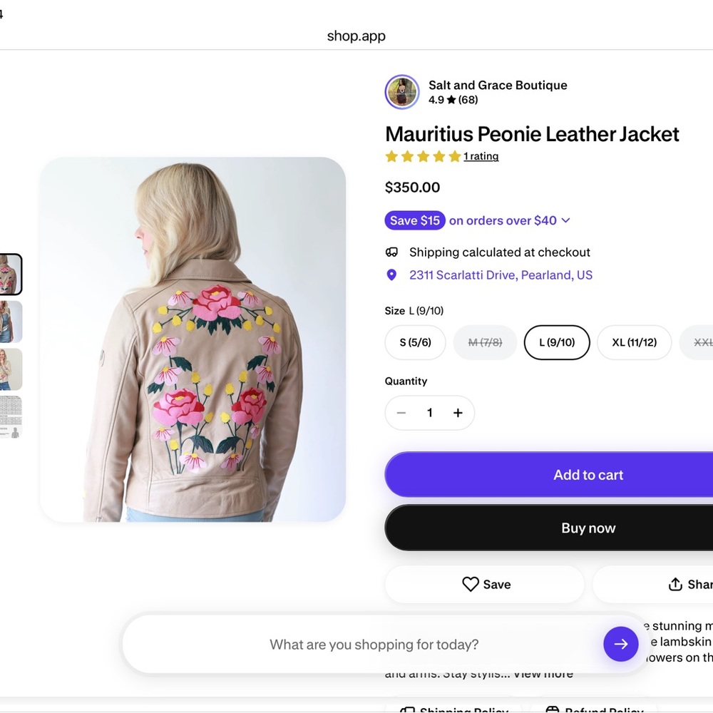Embroidered Floral Leather Jacket in Tan - Picture 9 of 9